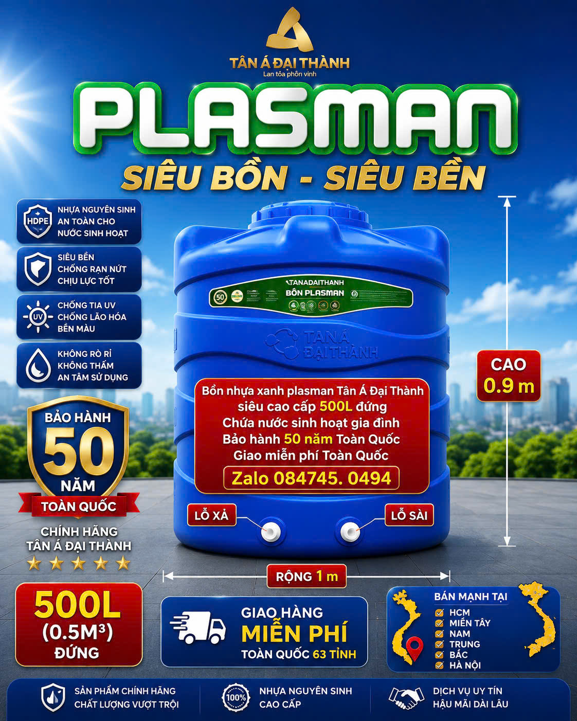 Bồn nhựa 500 lít đứng xanh dương xanh lá siêu bền 6 lớp cao cấp plasman (0.5m3 đứng) 500L đứng siêu dẻo dai bảo hành 50 năm giao hàng miễn phí Toàn Quốc